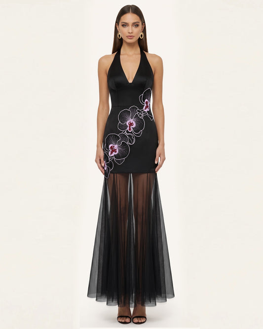 Orchid Embroidered Sheer Hem Halter Maxi Dress- Black Purple | JW PEI
