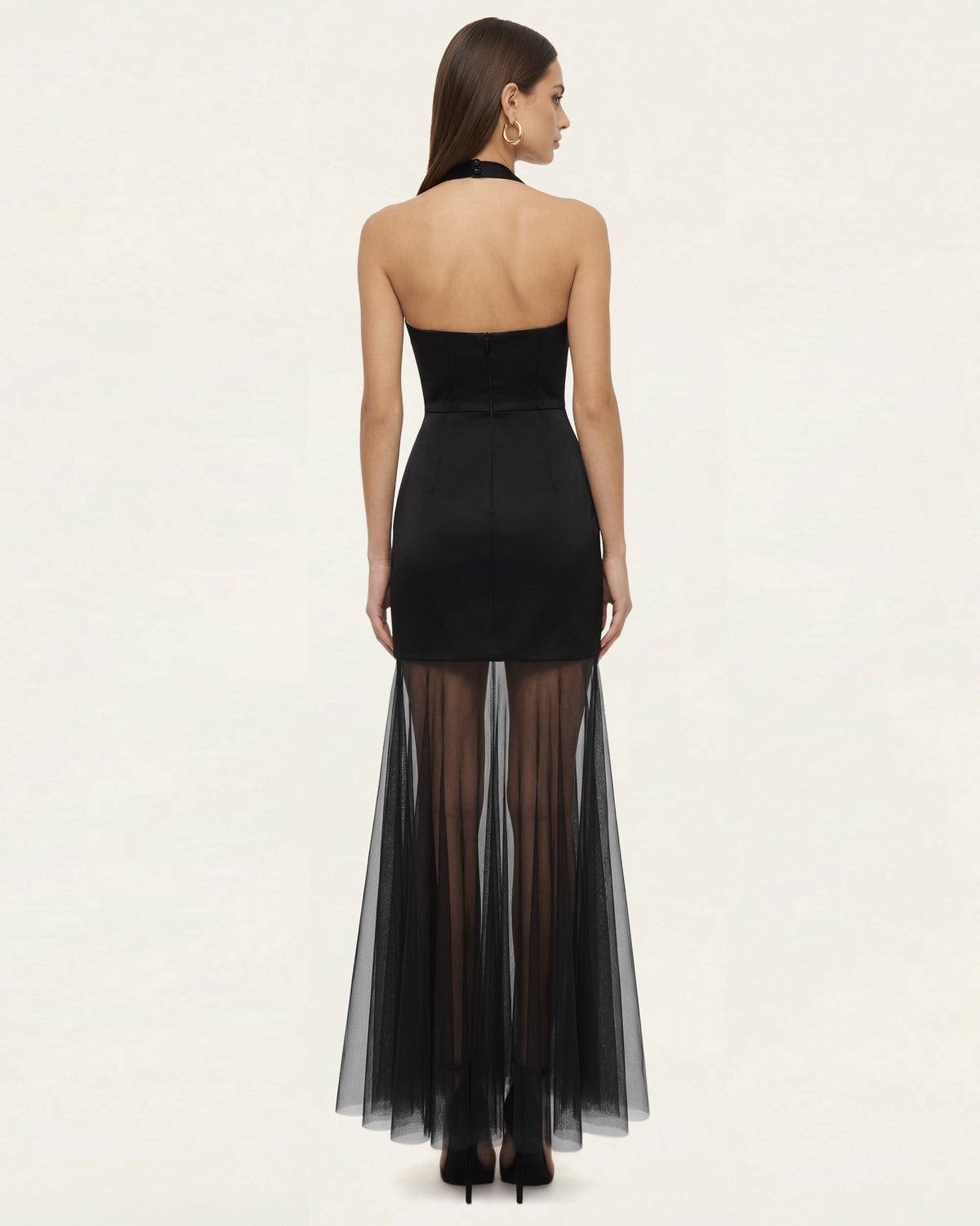 Orchid Embroidered Sheer Hem Halter Maxi Dress- Black Purple | JW PEI