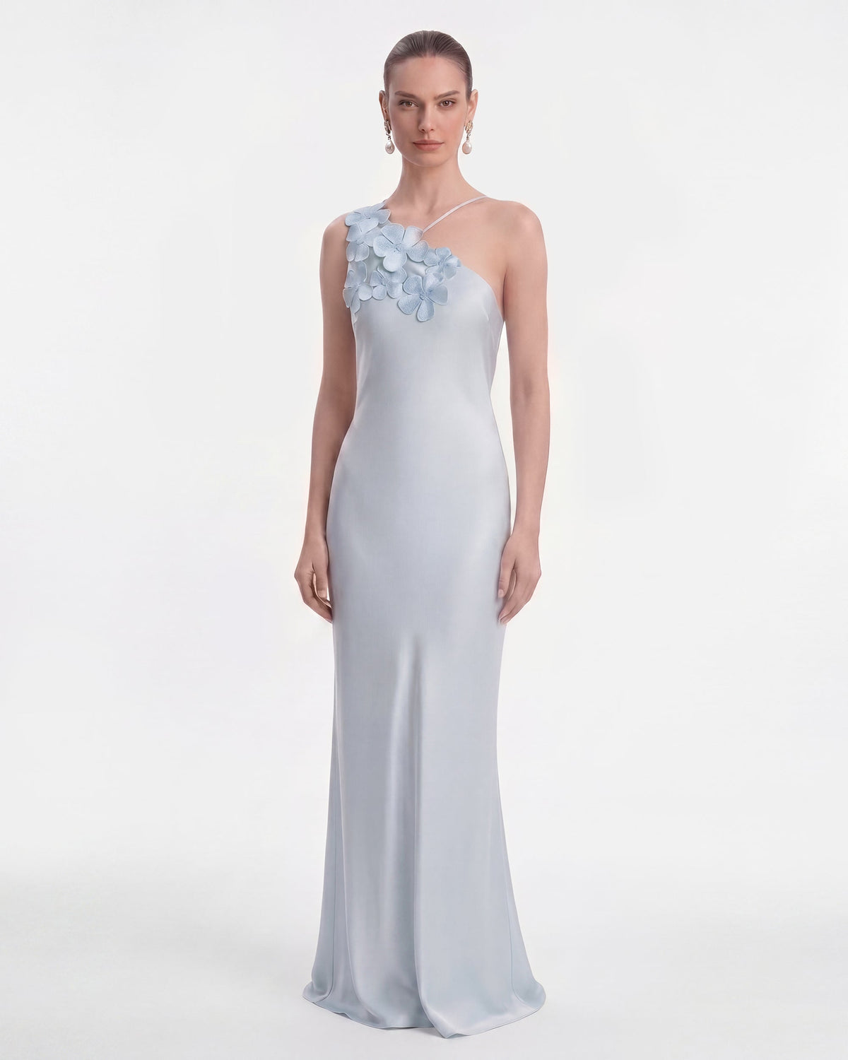 Floral Appliqué One Shoulder Maxi Dress - Light Blue | JW PEI