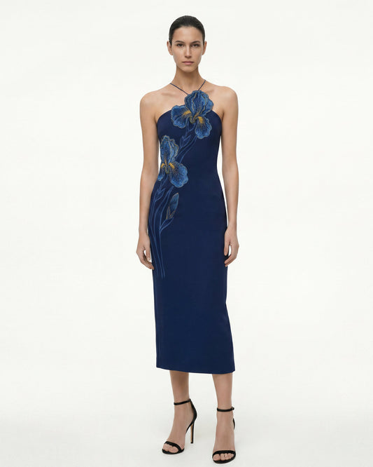 Iris Embroidered Halter Midi Dress - Navy Blue | JW PEI