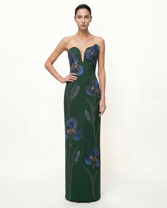 Iris Embroidered Notch Neck Strapless Maxi Dress - Emerald Green | JW PEI