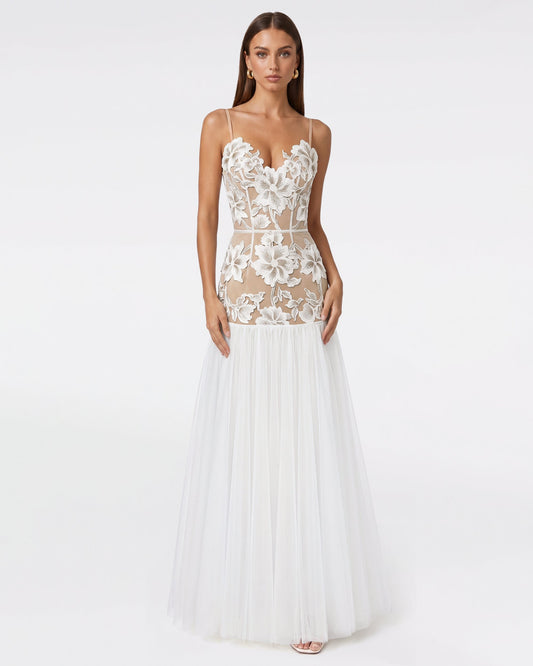 Floral Appliqué Sheer Tulle Maxi Dress - White | JW PEI