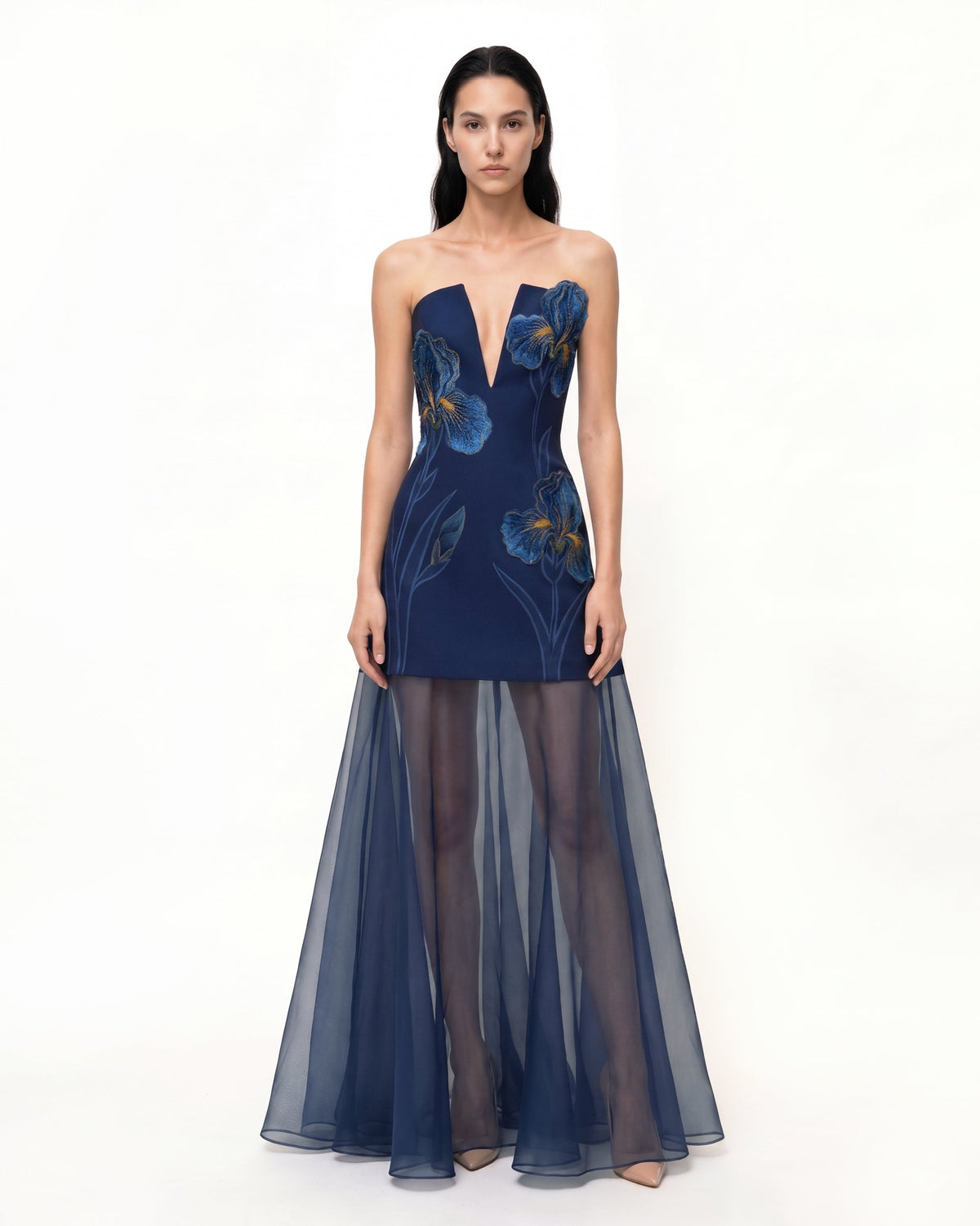 Iris Embroidered Plunge Sheer Overlay Maxi Dress - Navy Blue | JW PEI