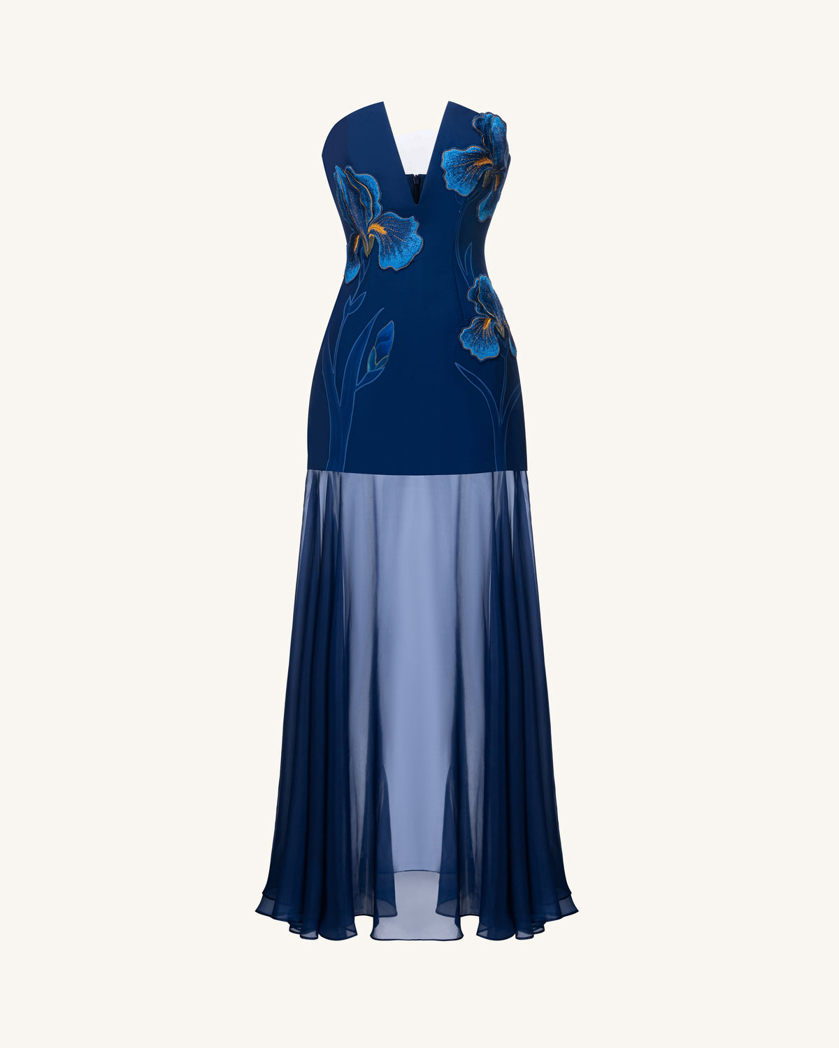 Iris Embroidered Plunge Sheer Overlay Maxi Dress - Navy Blue | JW PEI
