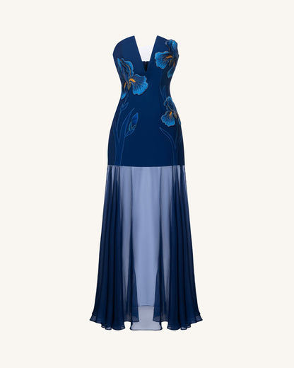 Iris Embroidered Plunge Sheer Overlay Maxi Dress - Navy Blue | JW PEI