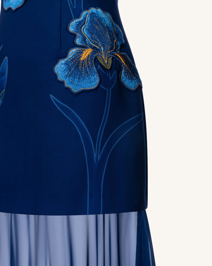 Iris Embroidered Plunge Sheer Overlay Maxi Dress - Navy Blue | JW PEI