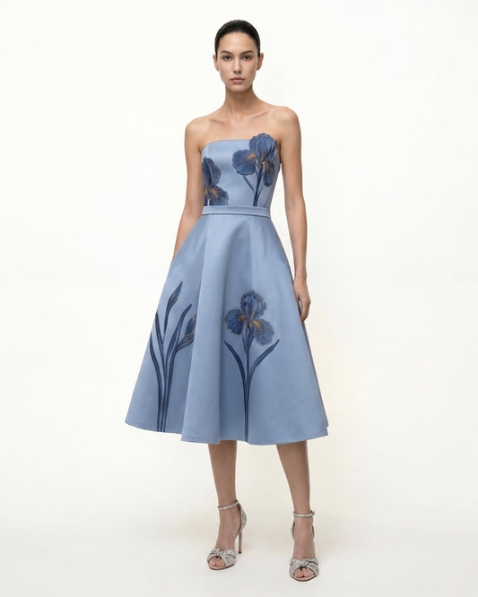 Iris Embroidered Strapless A-Line Midi Dress - Dusty Blue | JW PEI