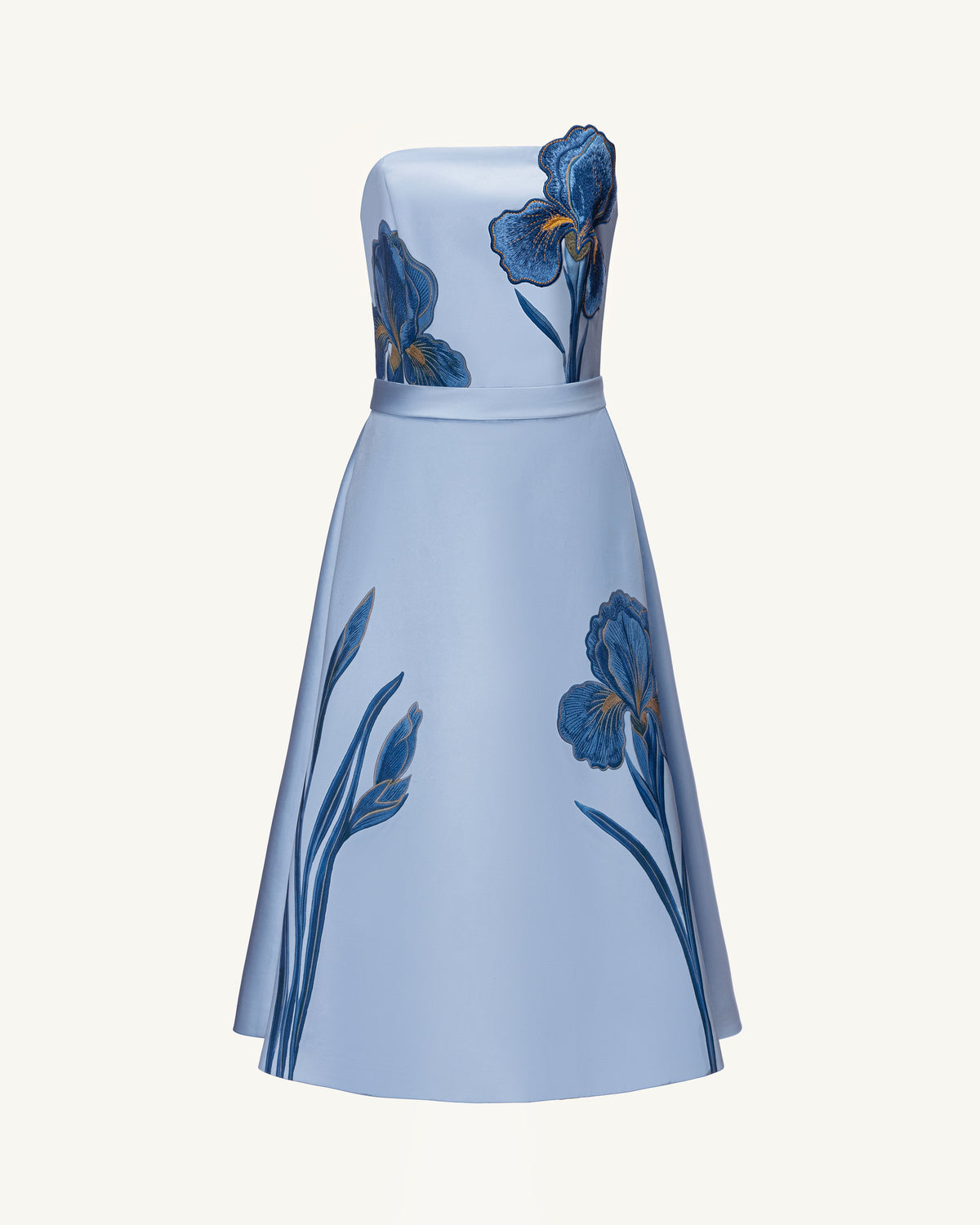 Iris Embroidered Strapless A-Line Midi Dress - Dusty Blue | JW PEI