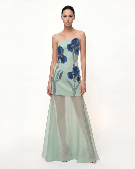 Iris Embroidered Strapless Sheer Overlay Maxi Dress - Sage Green | JW PEI