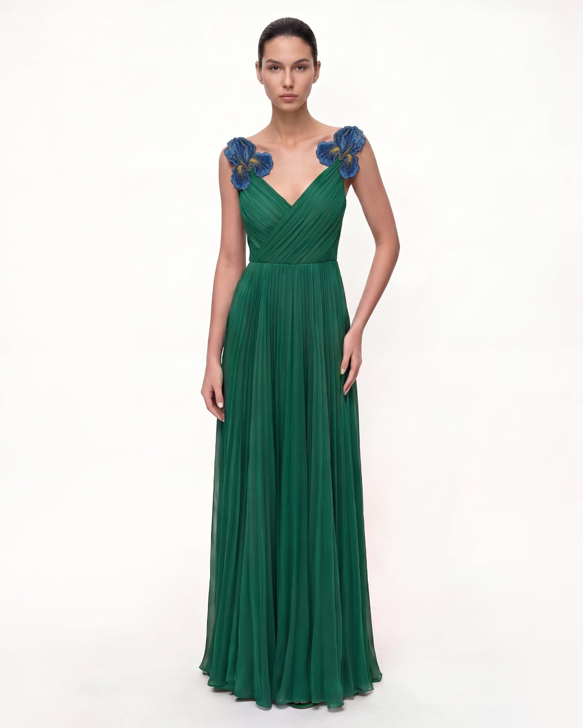 Iris Embroidered Pleated V-Neck Maxi Dress - Emerald Green | JW PEI