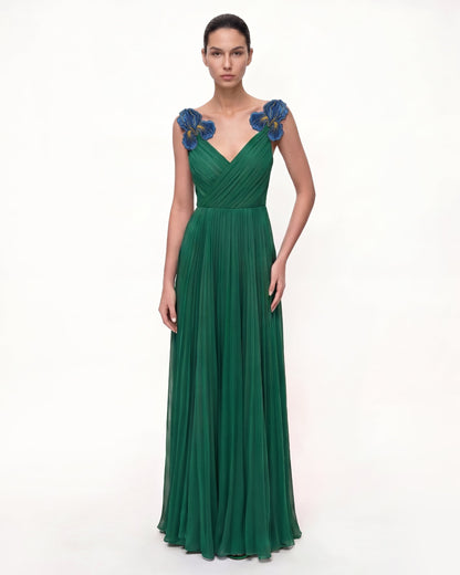 Iris Embroidered Pleated V-Neck Maxi Dress - Emerald Green | JW PEI