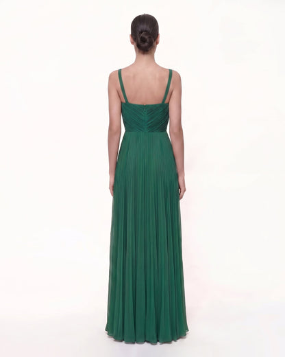 Iris Embroidered Pleated V-Neck Maxi Dress - Emerald Green | JW PEI