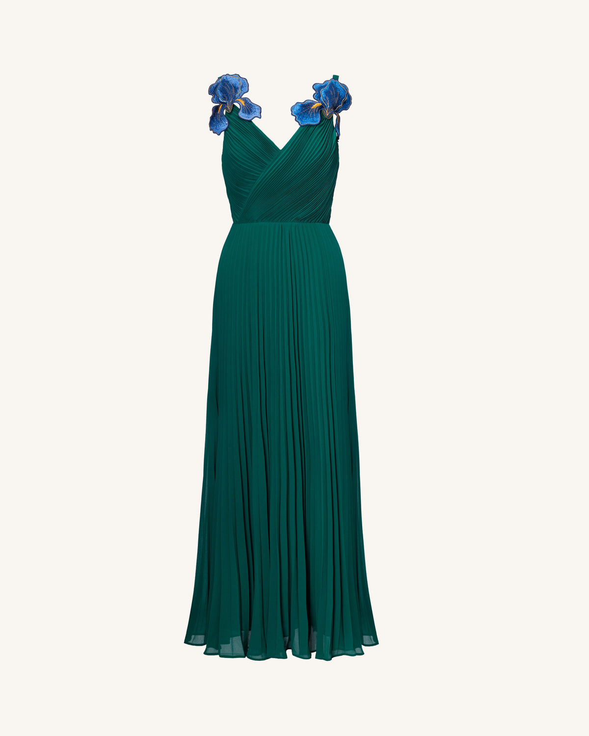 Iris Embroidered Pleated V-Neck Maxi Dress - Emerald Green | JW PEI