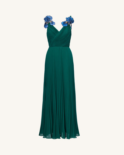 Iris Embroidered Pleated V-Neck Maxi Dress - Emerald Green | JW PEI