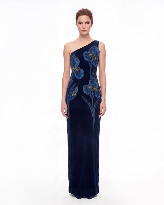 Iris Embroidered Velvet One Shoulder Maxi Dress - Navy Blue | JW PEI