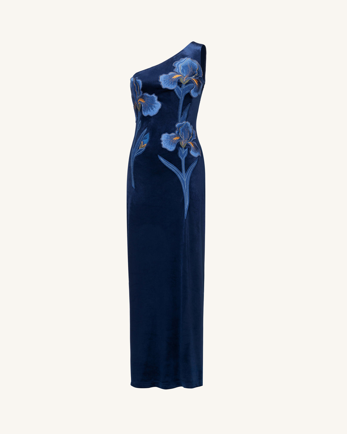 Iris Embroidered Velvet One Shoulder Maxi Dress - Navy Blue | JW PEI