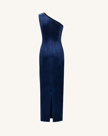 Iris Embroidered Velvet One Shoulder Maxi Dress - Navy Blue | JW PEI