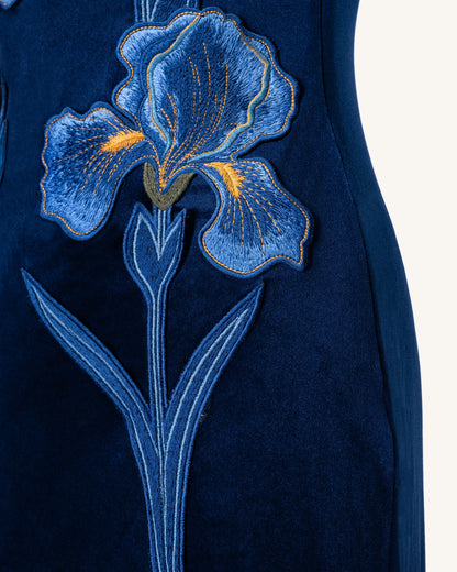 Iris Embroidered Velvet One Shoulder Maxi Dress - Navy Blue | JW PEI