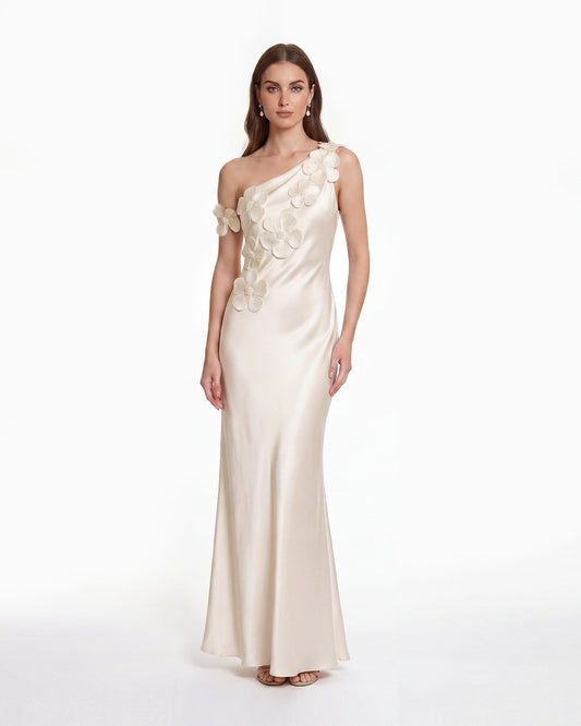 Floral Appliqué One Shoulder Sheath Maxi Dress - Ivory | JW PEI