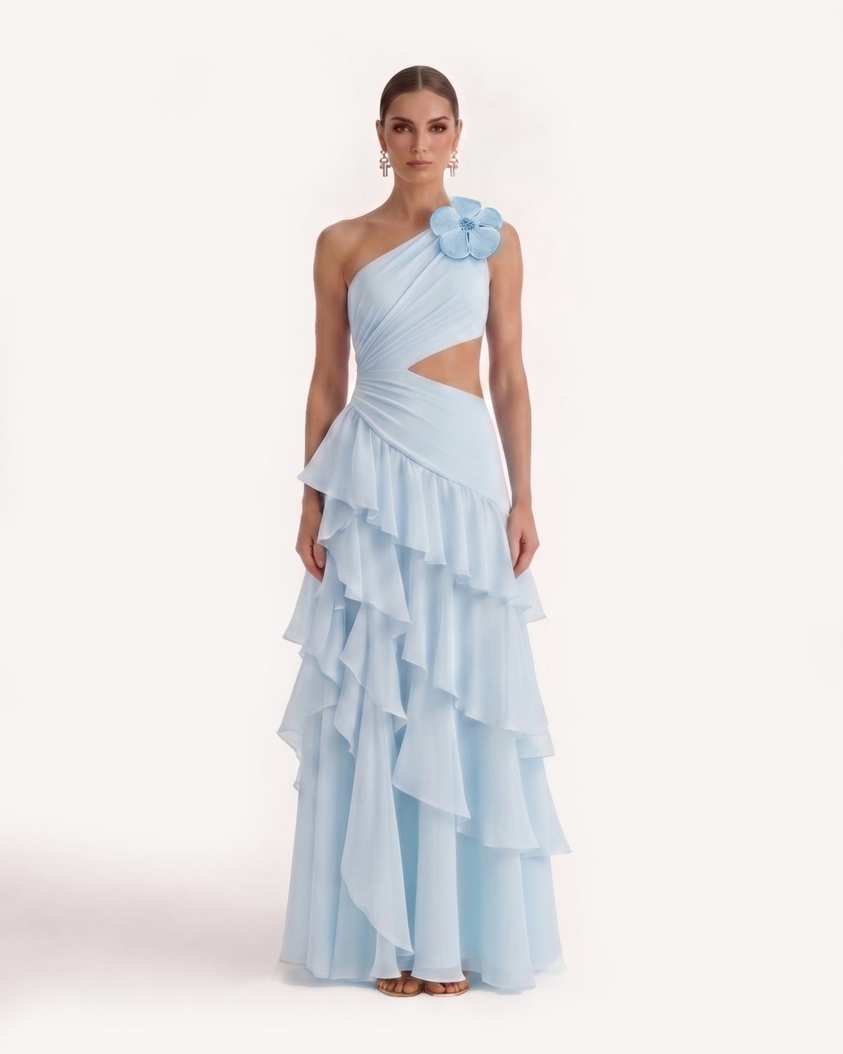 One Shoulder Cutout Ruffle Chiffon Maxi Dress - Blue | JW PEI