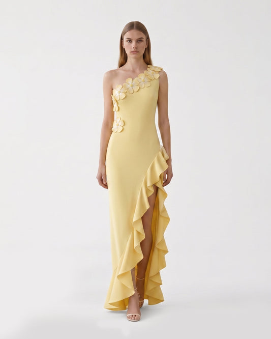 Floral Appliqué One Shoulder Ruffle Slit Dress - Yellow | JW PEI