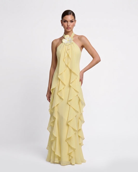 Floral Appliqué Ruffle Halter Chiffon Maxi Dress - Yellow | JW PEI