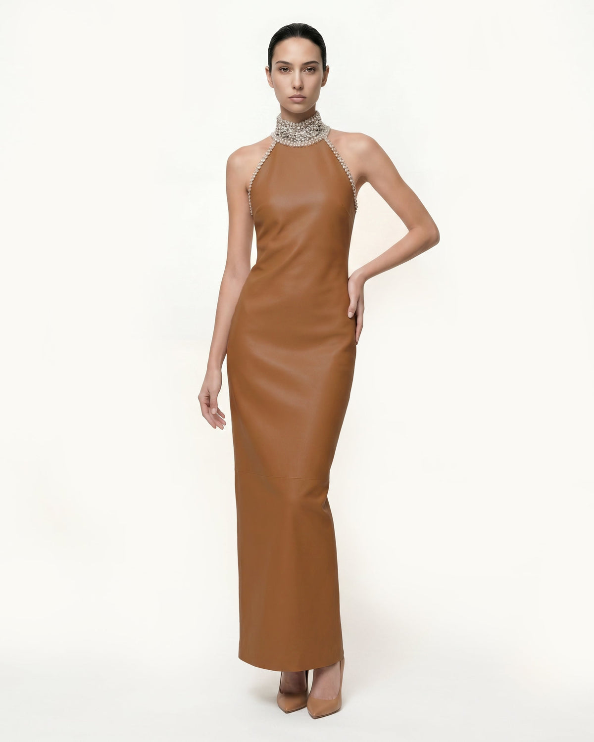 Jeweled High Neck Halter Maxi Dress - Caramel Brown | JW PEI