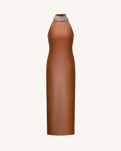 Jeweled High Neck Halter Maxi Dress - Caramel Brown | JW PEI