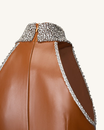 Jeweled High Neck Halter Maxi Dress - Caramel Brown | JW PEI
