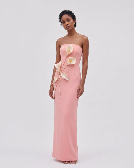 Floral Appliqué Strapless Dress - Coral Pink | JW PEI