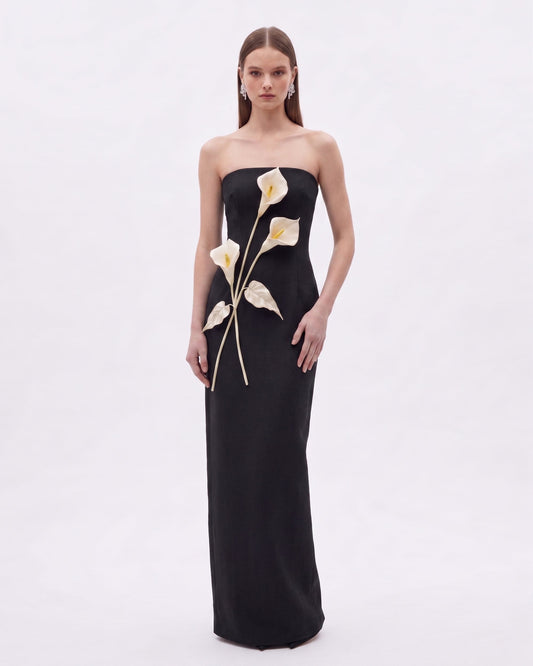 Floral Appliqué Strapless Dress - Black | JW PEI