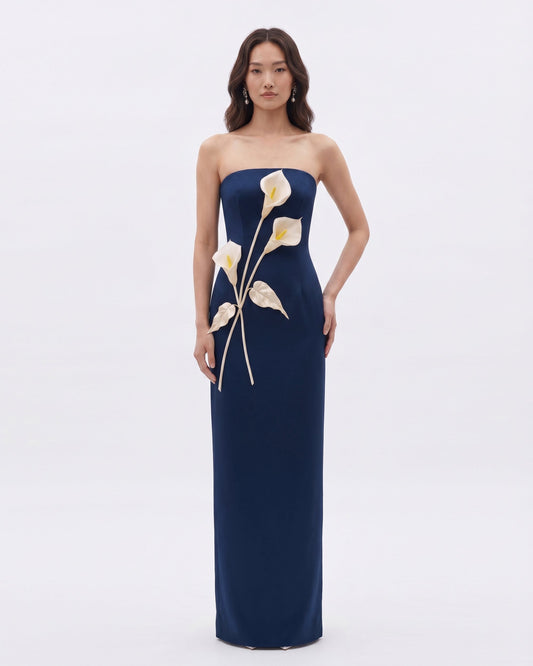 Floral Appliqué Strapless Dress - Navy Blue | JW PEI