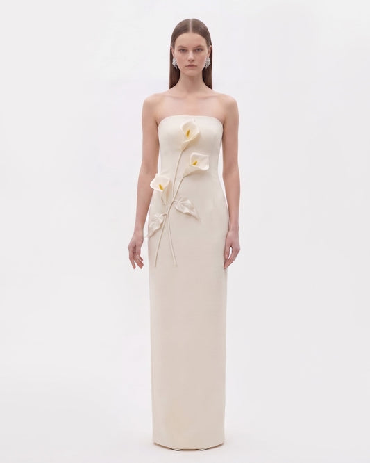 Floral Appliqué Strapless Dress - Cream Ivory | JW PEI