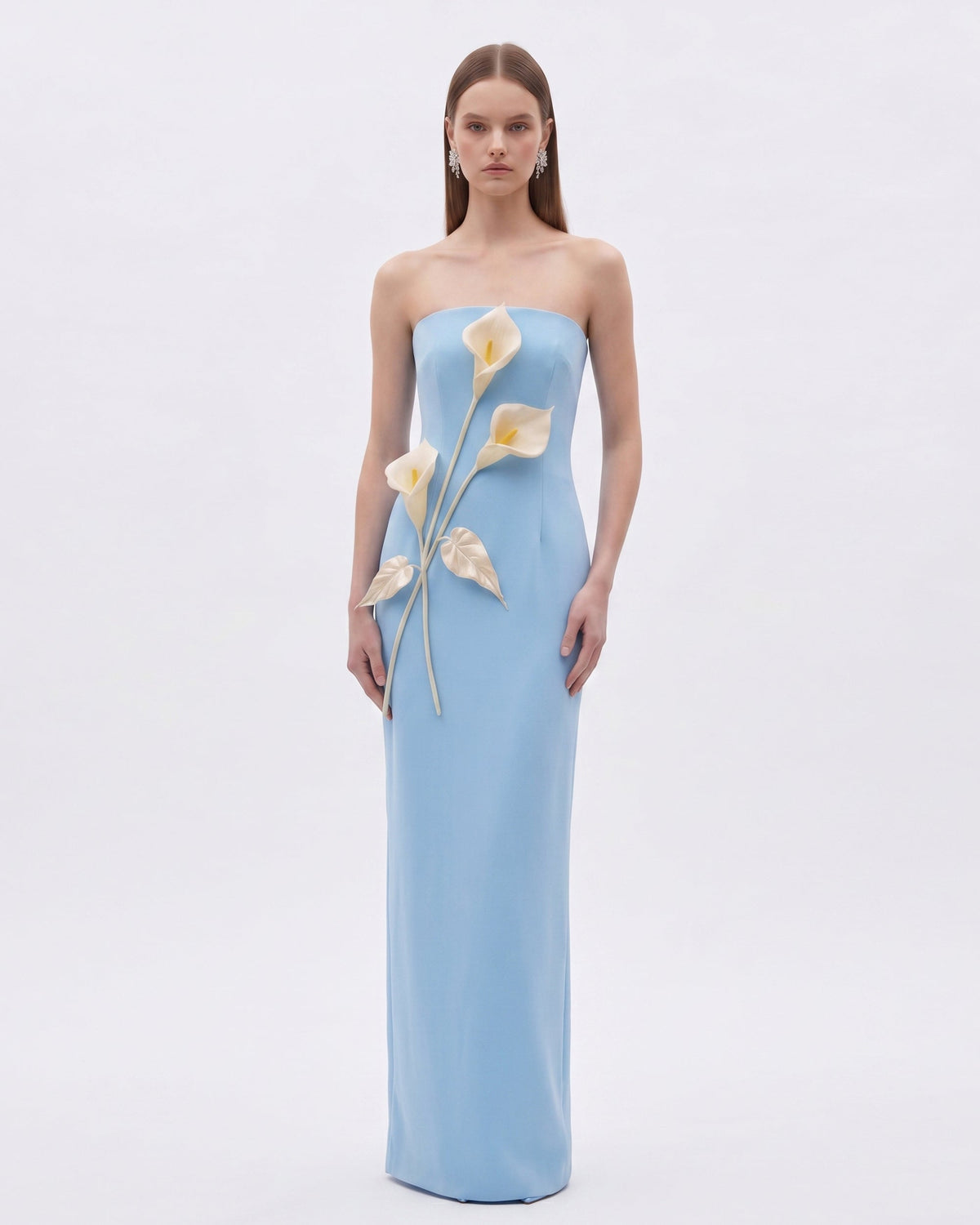 Floral Appliqué Strapless Dress - Light Blue | JW PEI