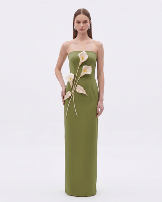 Floral Appliqué Strapless Dress - Olive Green | JW PEI