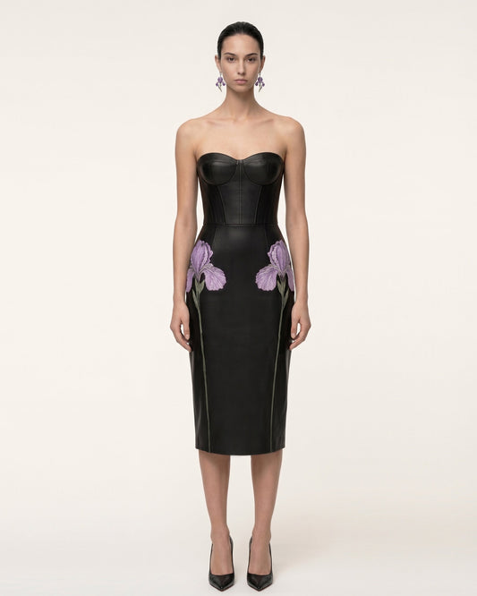 Iris Floral-Print Strapless Corset Leather Midi Dress - Black | JW PEI