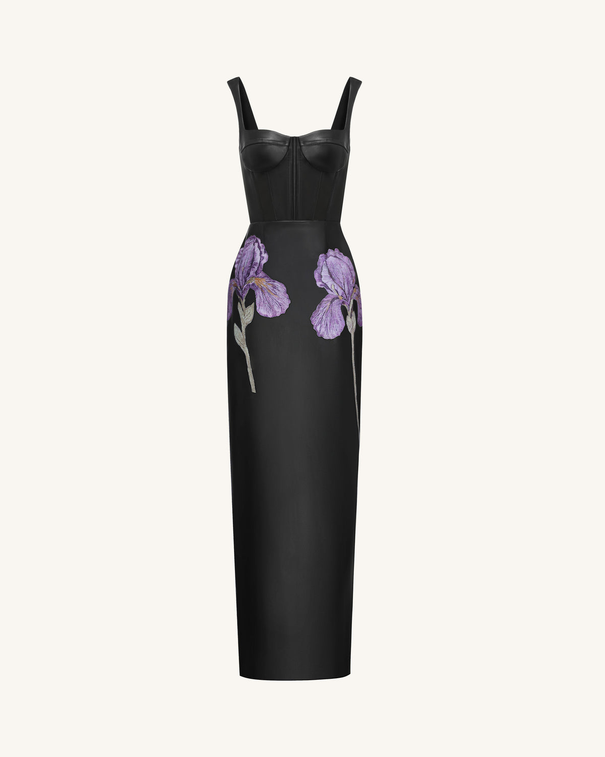 Iris Floral-Print Strappy Corset Leather Maxi Dress - Black | JW PEI