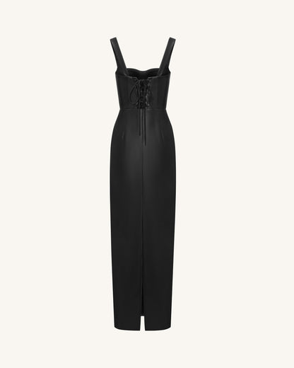 Iris Floral-Print Strappy Corset Leather Maxi Dress - Black | JW PEI