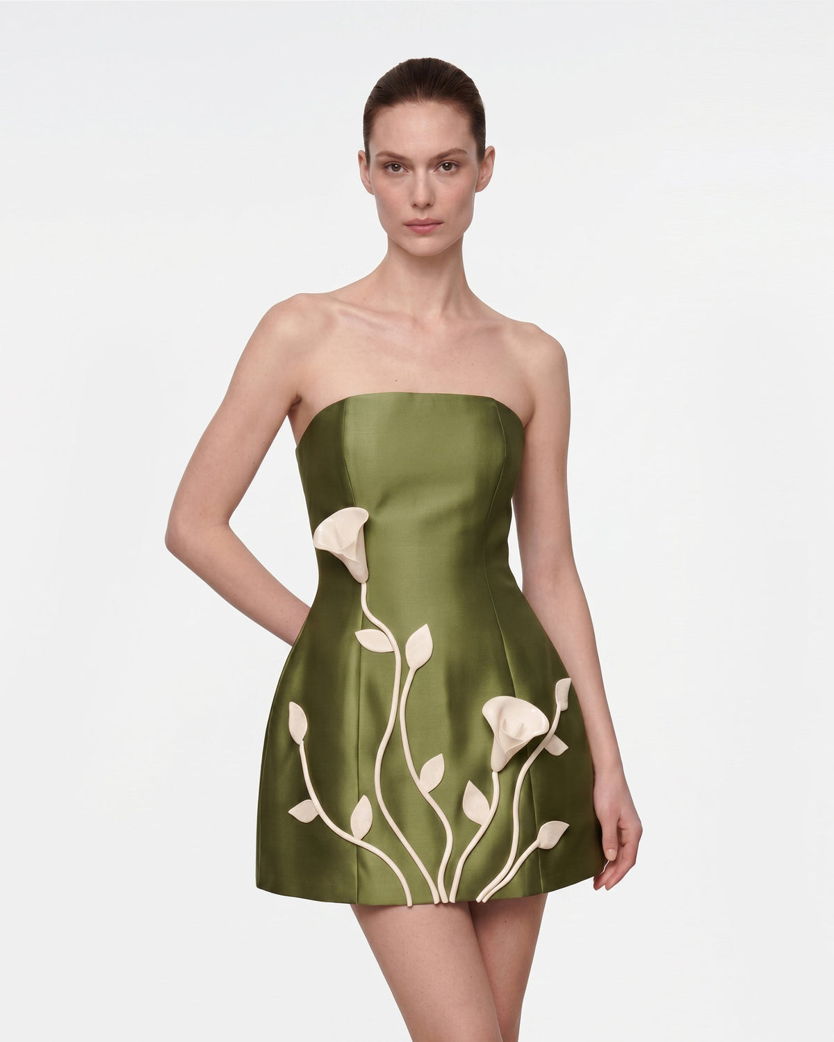 3D Vine Floral Strapless Mini Dress - Olive Green | JW PEI