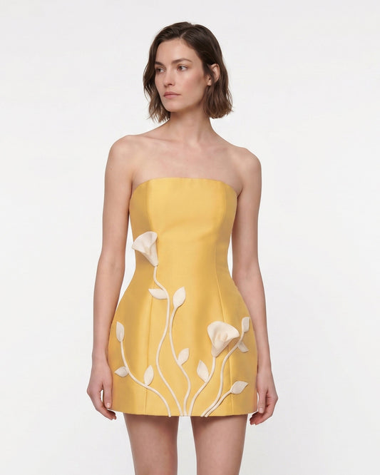 3D Vine Floral Strapless Mini Dress - Lemon Yellow | JW PEI