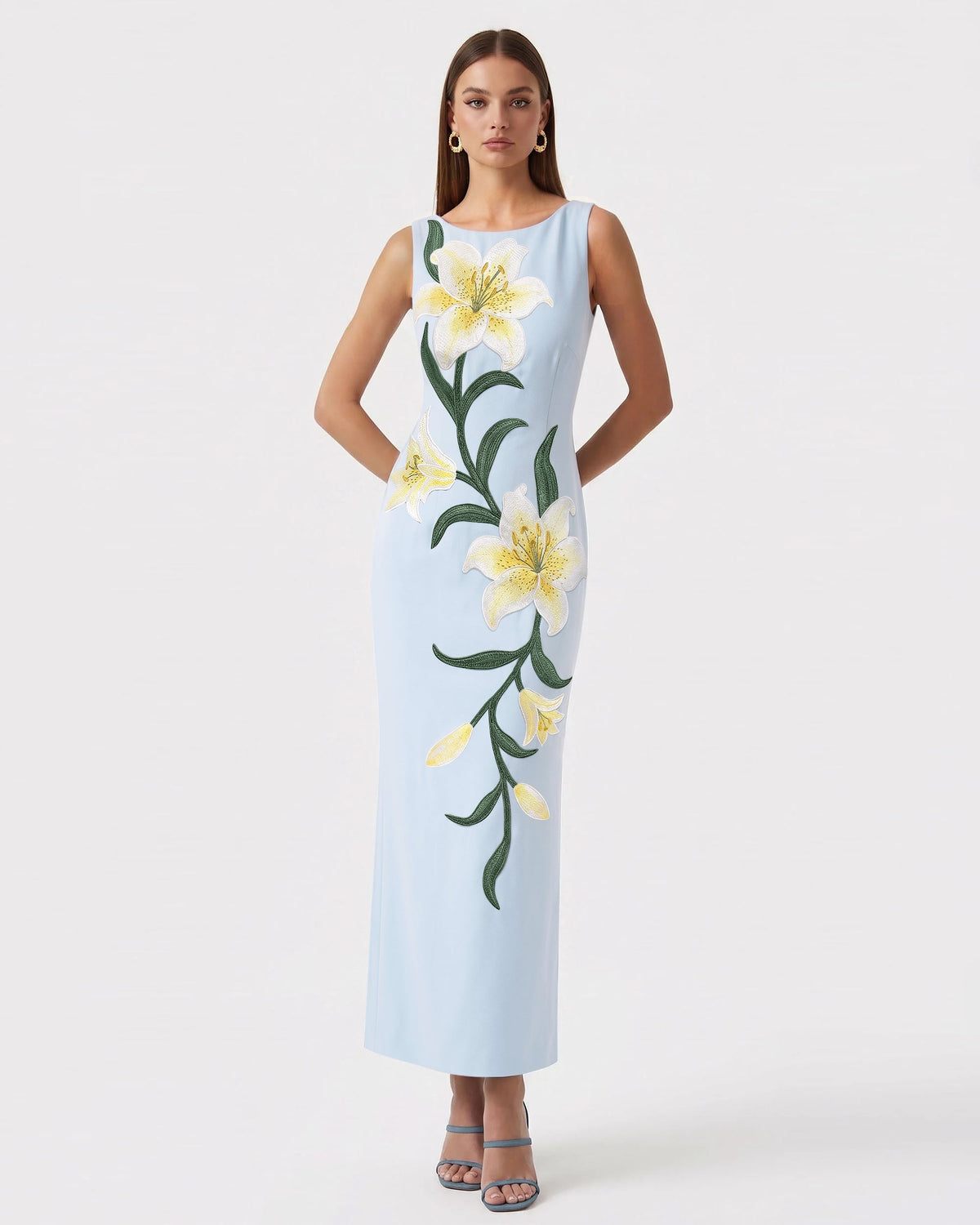 Lily Floral Print Sleeveless Column Maxi Dress - Light Blue | JW PEI