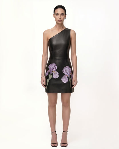 Iris Floral-Print One-Shoulder Leather Mini Dress - Black | JW PEI