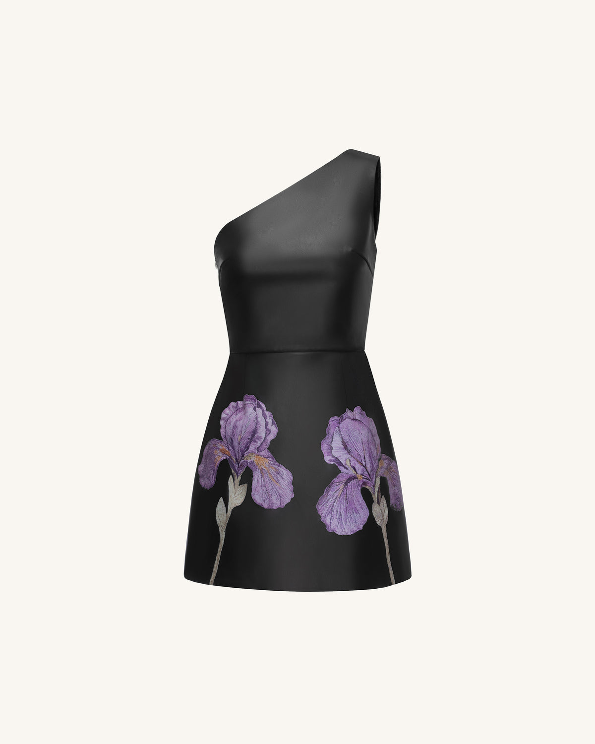 Iris Floral-Print One-Shoulder Leather Mini Dress - Black | JW PEI