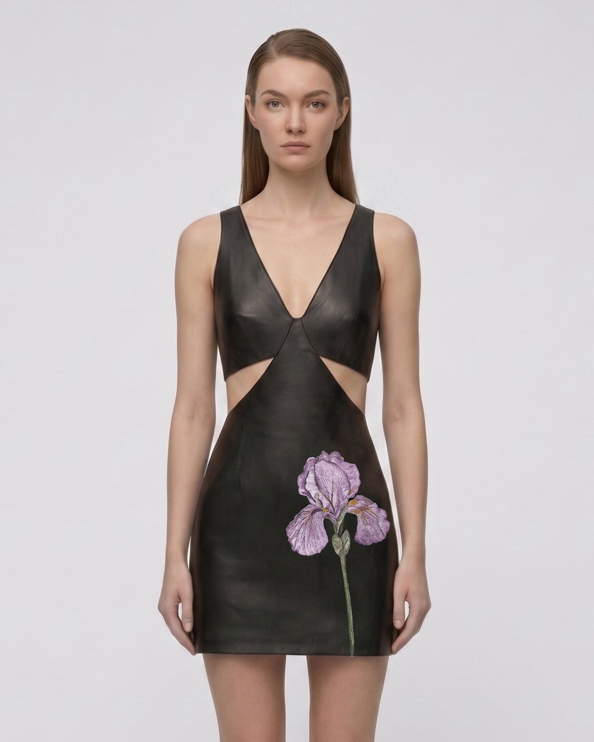 Iris Floral Cutout Bodycon Leather Mini Dress - Black | JW PEI