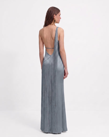 Fringe One Shoulder Maxi Dress - Misty Blue | JW PEI
