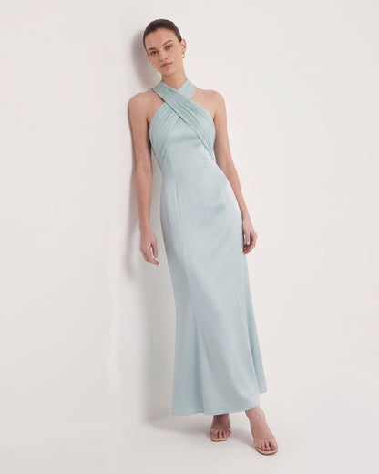 Pleated Cross-Halter Satin Maxi Dress - Dusty Blue | JW PEI
