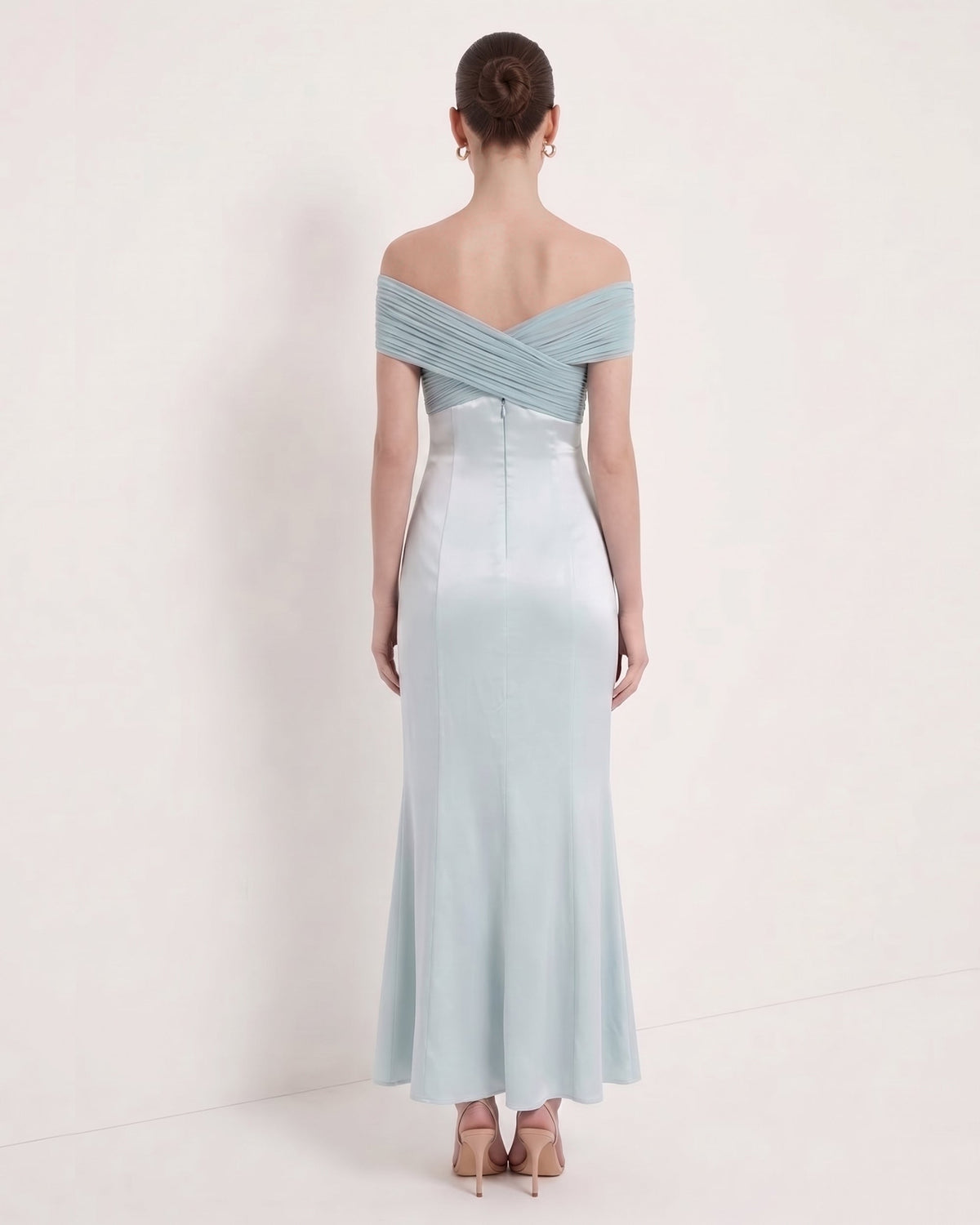 Pleated Cross-Halter Satin Maxi Dress - Dusty Blue | JW PEI