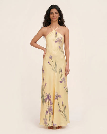 Iris Print Cross-Halter Open-Back Maxi Dress - Yellow | JW PEI
