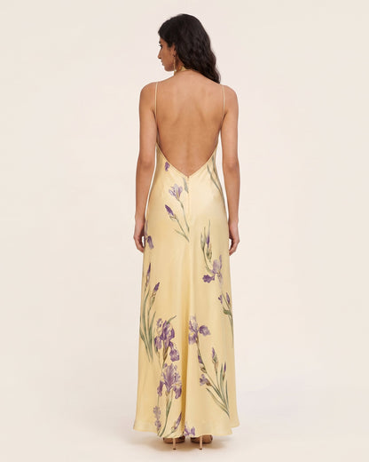 Iris Print Cross-Halter Open-Back Maxi Dress - Yellow | JW PEI