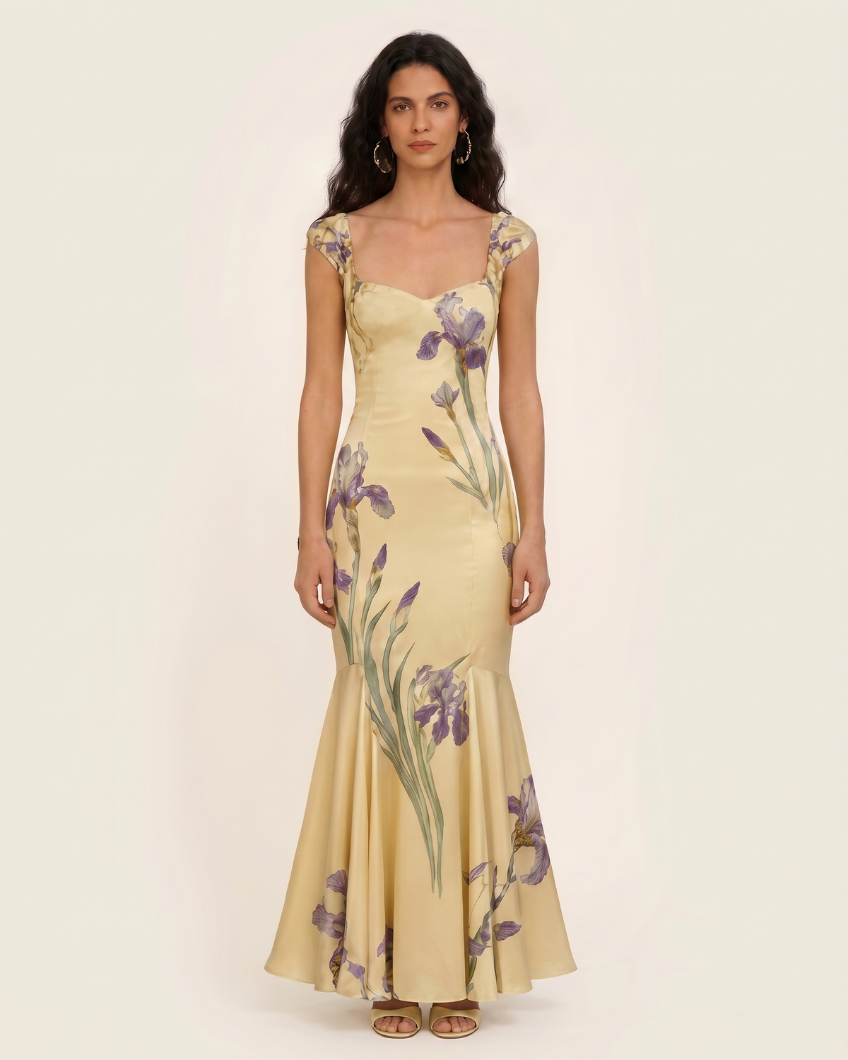 Iris Print Satin Mermaid Maxi Dress - Soft Yellow | JW PEI